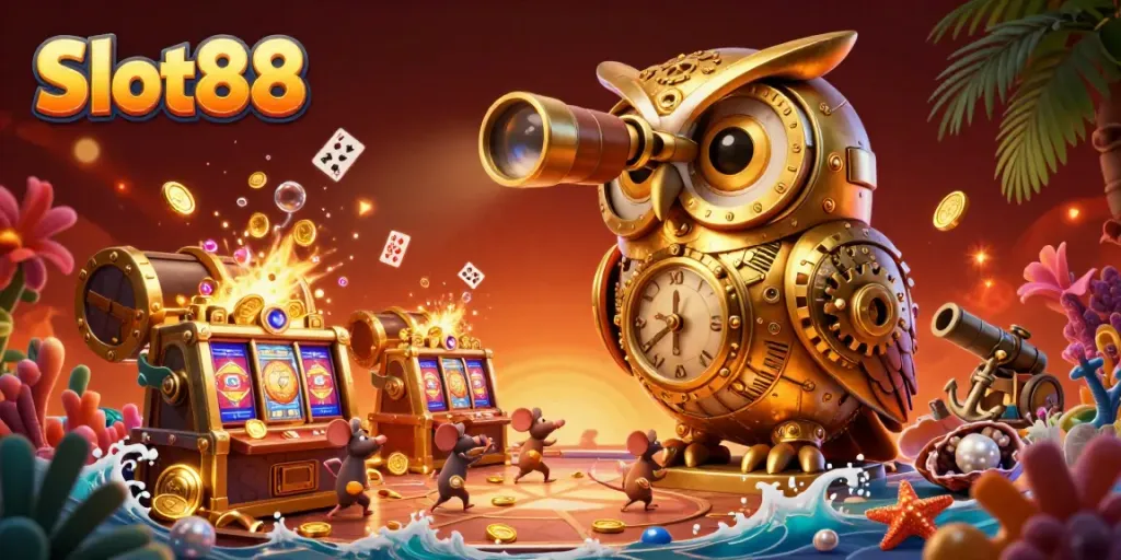 Experience Slot88 with a golden owl and vibrant casino elements in a dynamic, colorful illustration.