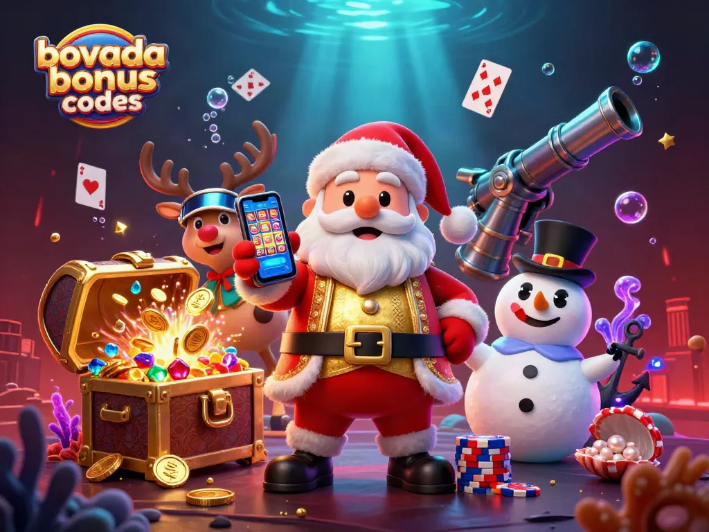 Unlock big wins with Bovada bonus codes in a vibrant casino scene featuring festive characters.