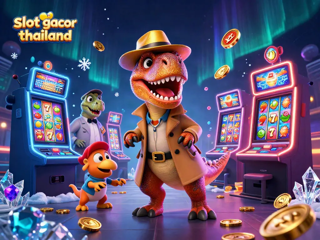 Engaging scene of slot gacor thailand with a velociraptor card counter and stegosaurus pit boss at a jackpot machine.