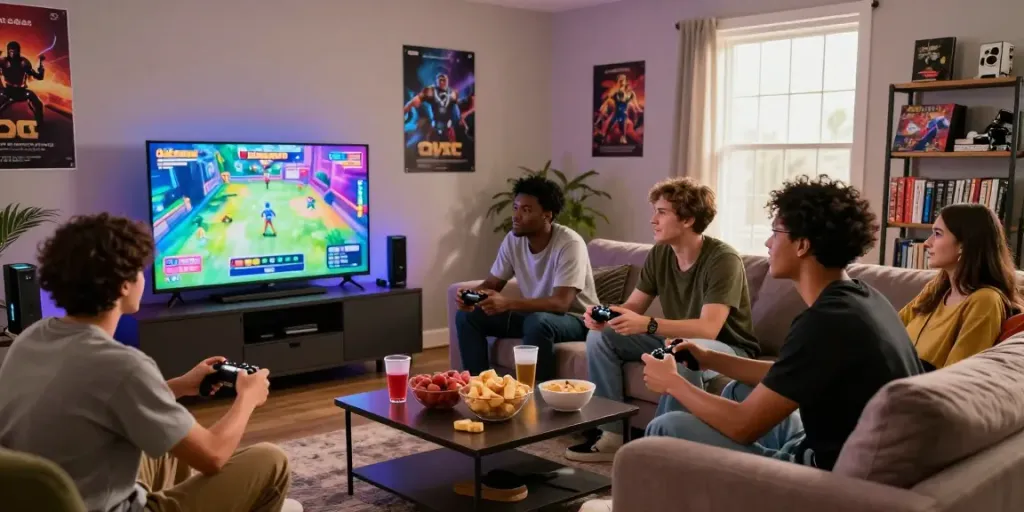 Friends enjoying a gaming night with QQMacan in a cozy living room.