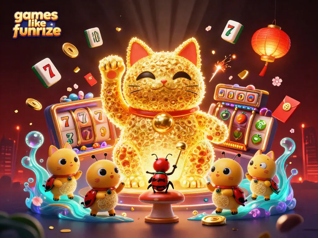 Engage with games like Funrize featuring a vibrant lucky cat and exciting casino symbols.