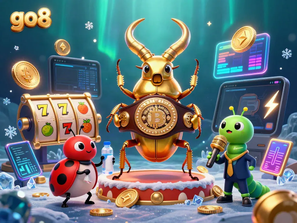 Engage in thrilling action with the go8 mascot amidst a vibrant casino scene featuring slots and glowing cryptocurrencies.