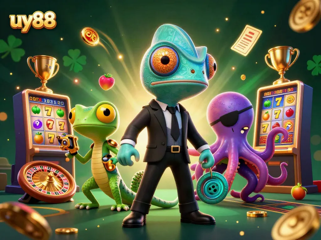 uy88 unlocks thrilling slot adventures with a secret agent chameleon and playful casino elements