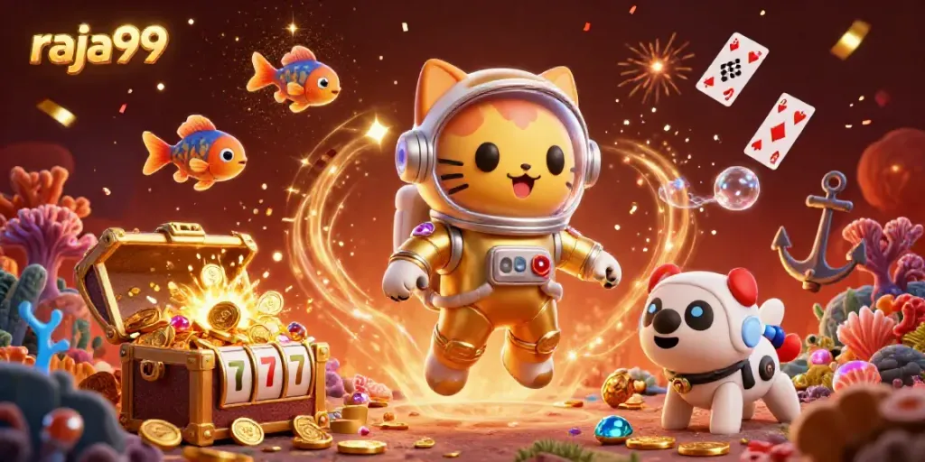 Engage with raja99's immersive 3D casino world filled with vibrant colors and dynamic characters.