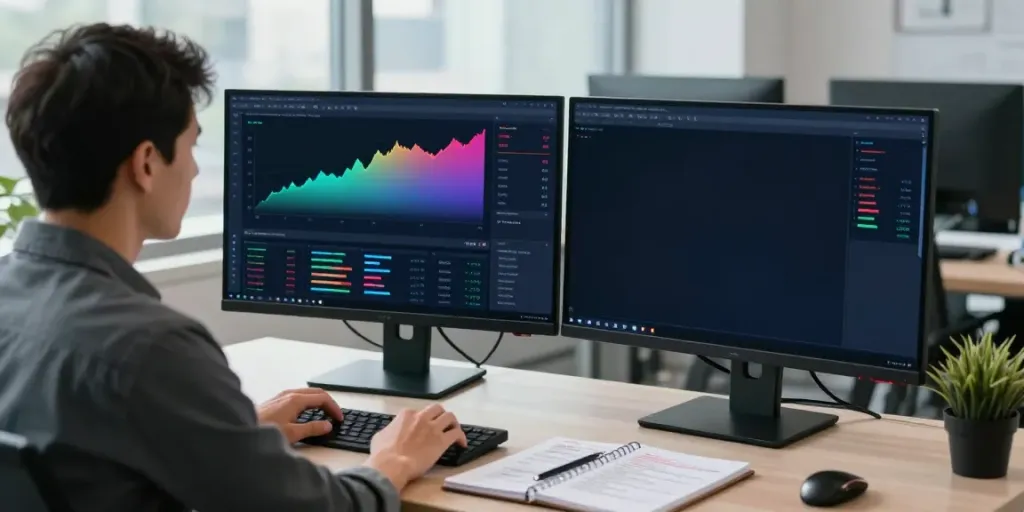 Trader using MetaTrader 5 on dual monitors with financial charts in a modern office.