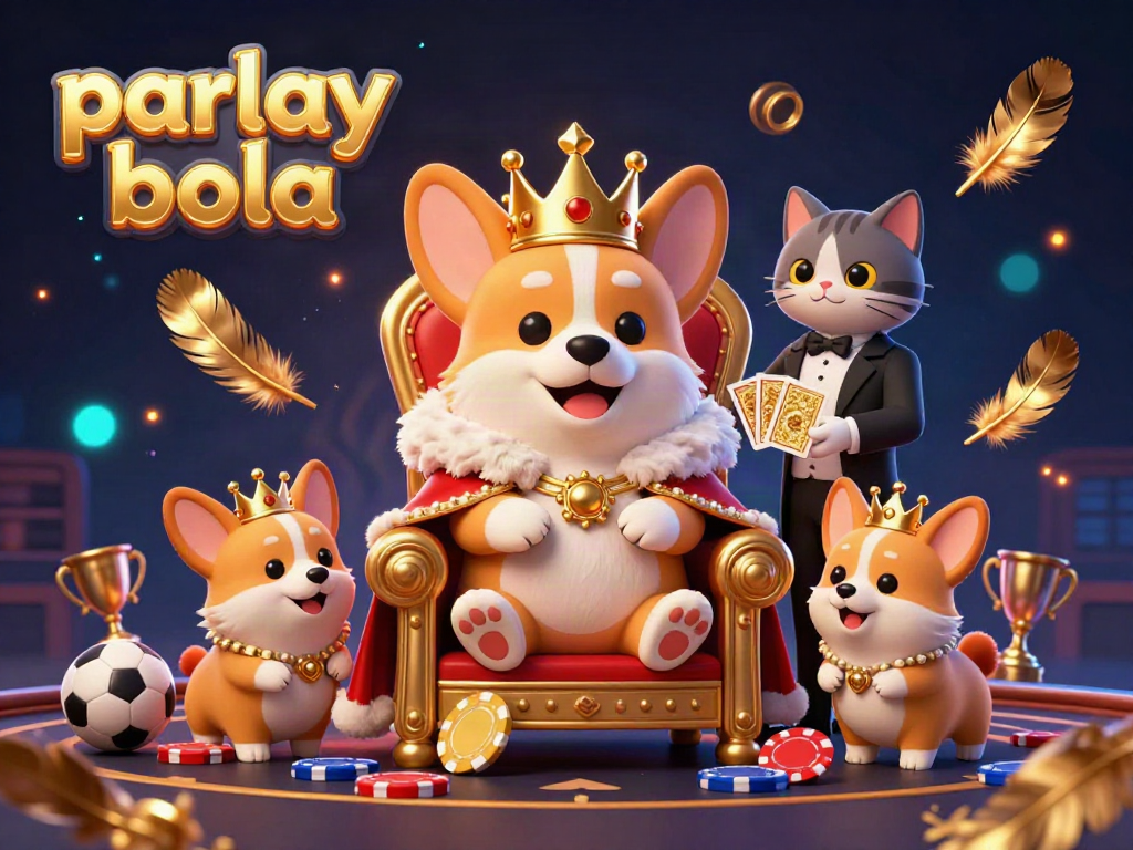 Experience the thrill of parlay bola with a royal corgi on a throne of poker chips amidst a vibrant sports betting arena.