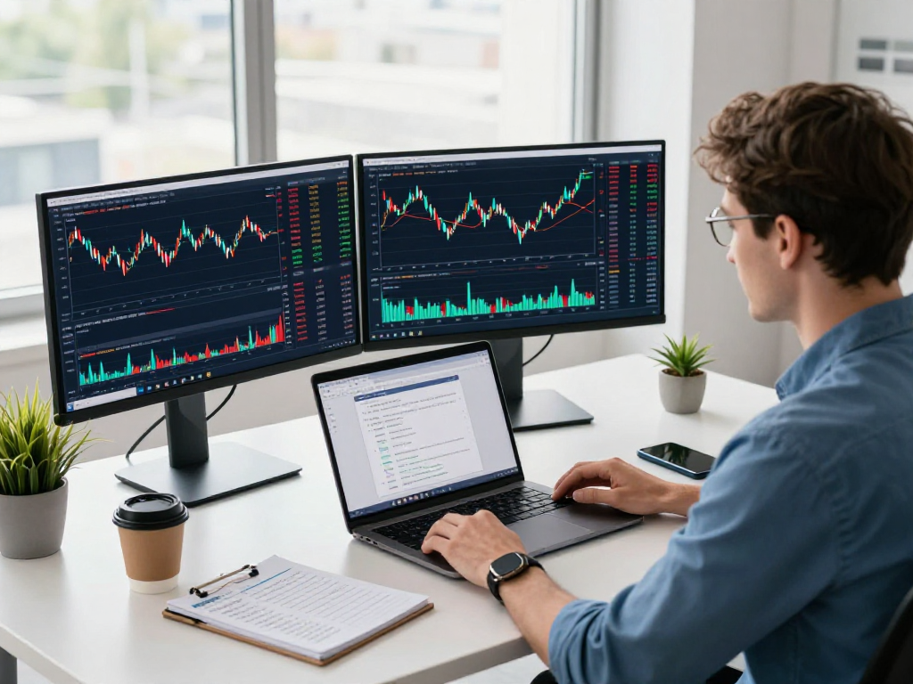 Trader utilizing TradingView on multiple monitors in a modern office environment.