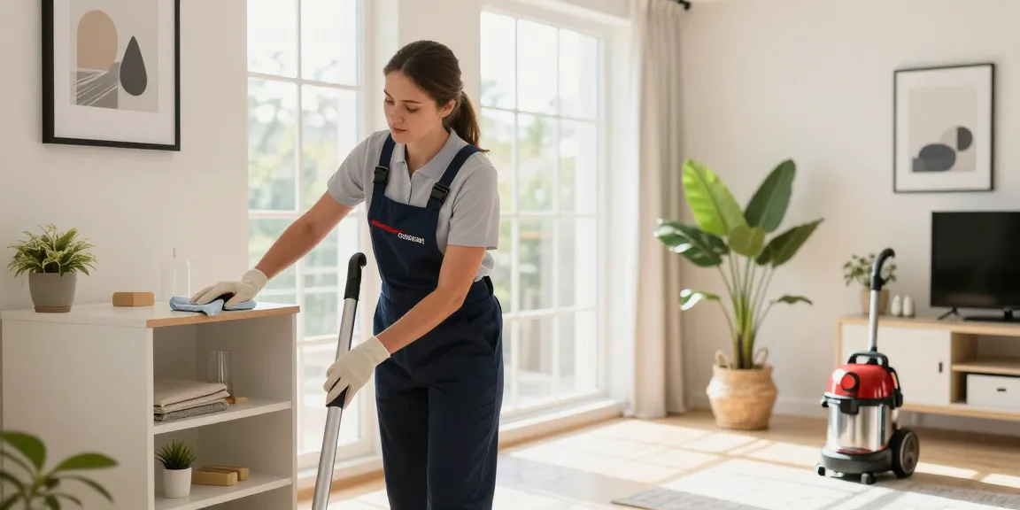 Professional end of lease cleaning in Melbourne with cleaner dusting shelves.