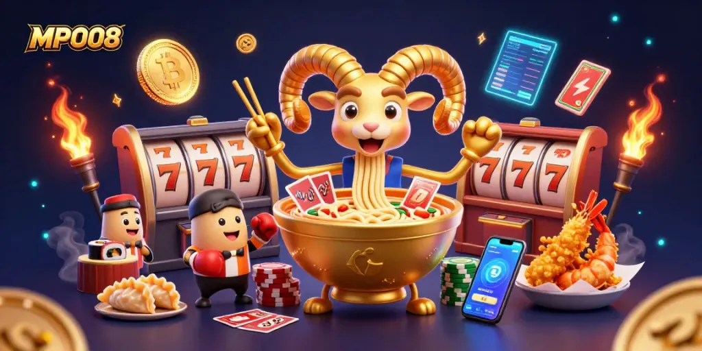 MPO08 showcases a vibrant casino scene with a golden ramen bowl mascot and slot gambling elements.