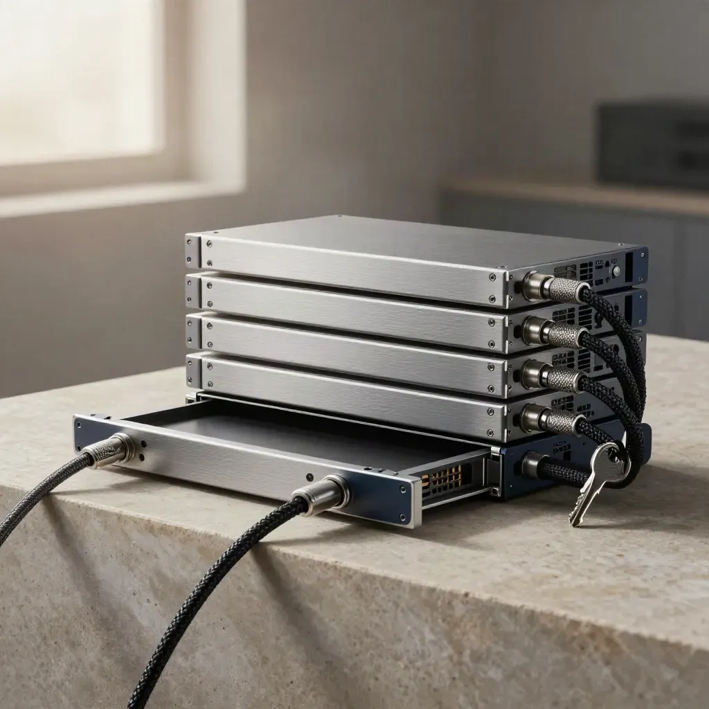 Encrypted SSD sleds, hardware key, cable locks and server rails on pale stone in dramatic studio light