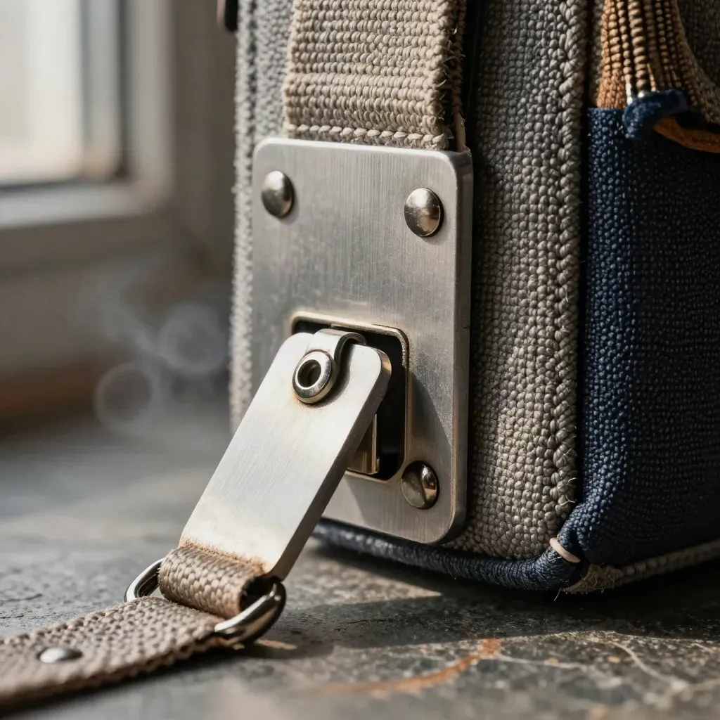 Extreme macro of a worn aluminum latch, canvas strap, and metal ring in dramatic studio light.