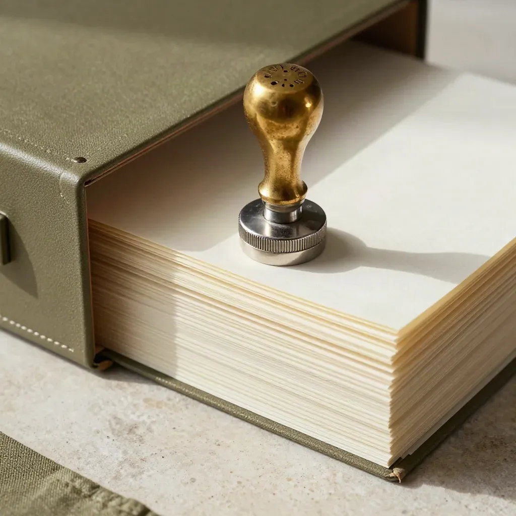 Brass date stamp, archive box and paperweight over a finished stack on stone