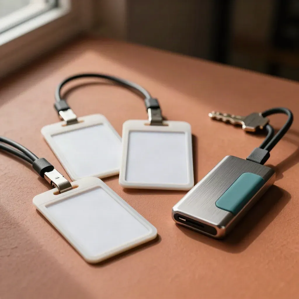 Blank access badges, cable comb, and portable drive on terracotta clay with dark bokeh.