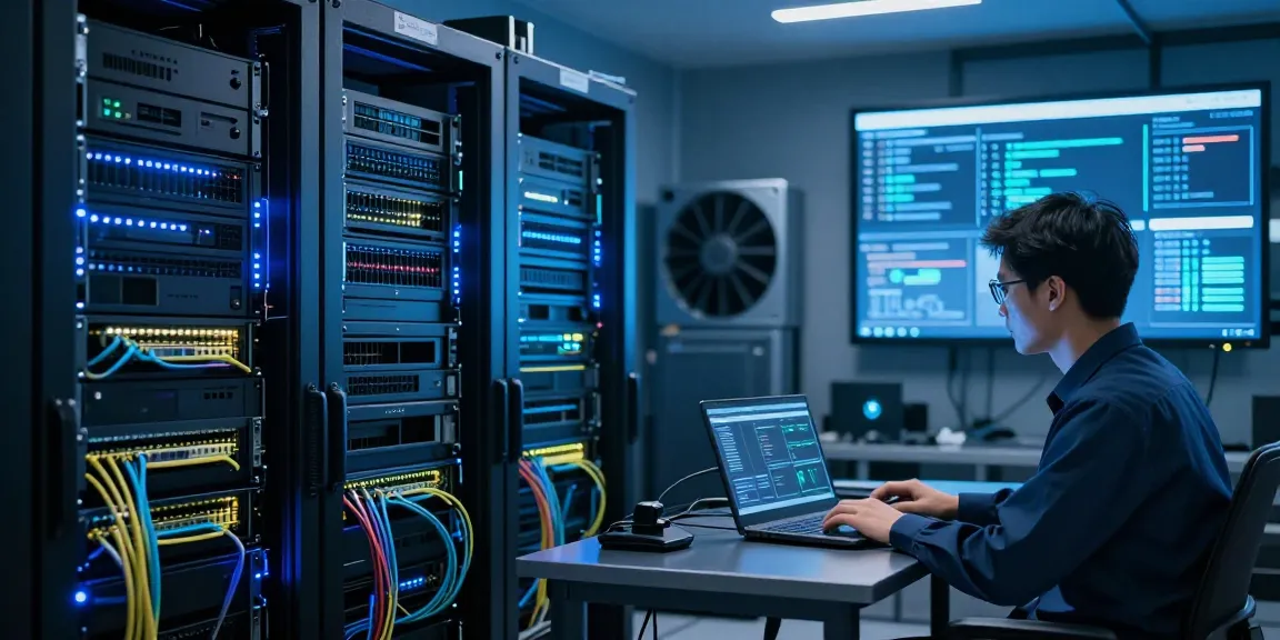 Configuración de servidores para VPS hosting, técnico revisando el rendimiento en un entorno moderno.