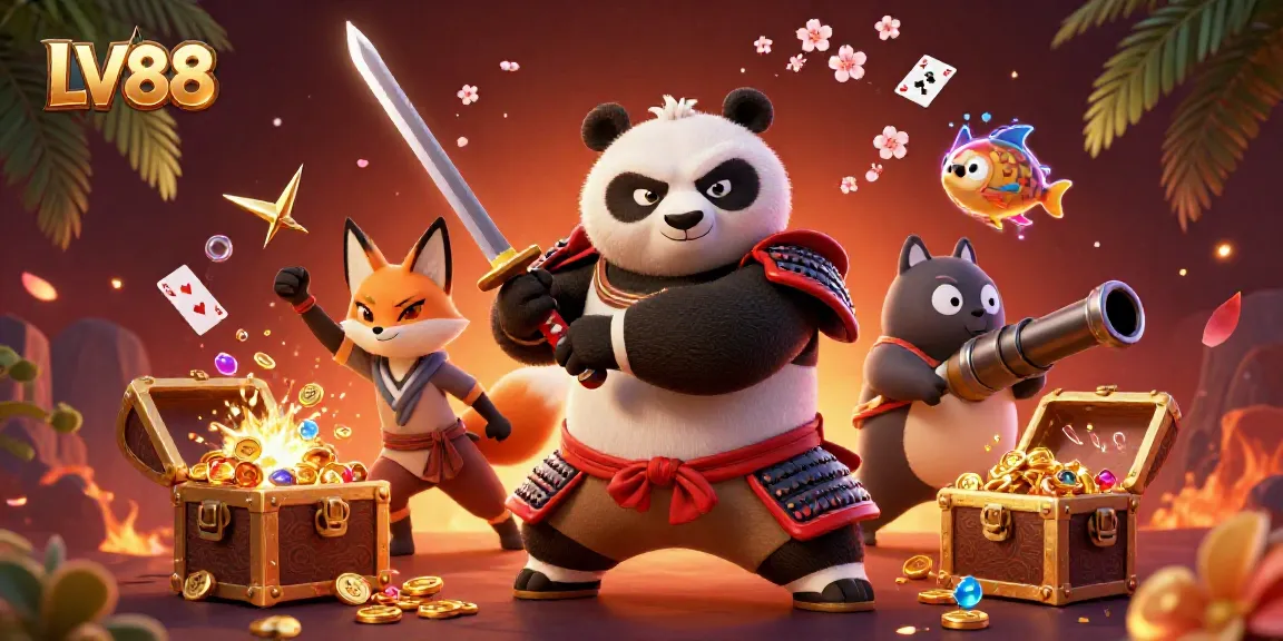 LV88 enhances thrilling gameplay with a dynamic 3D panda samurai and magical companions in a vibrant casino scene.