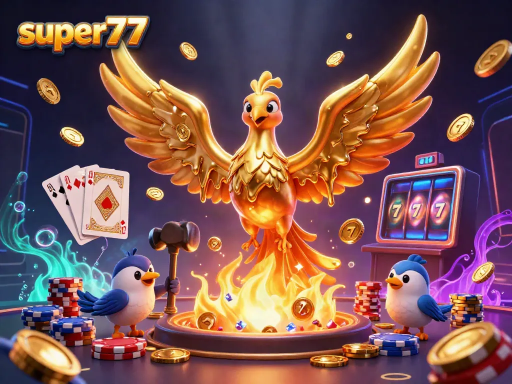 Play slots and win with super77's thrilling phoenix-themed illustration showcasing dynamic gold elements.
