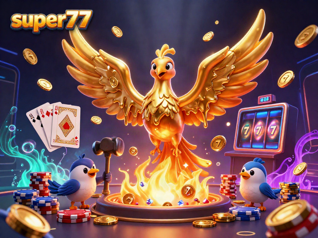 Play slots and win with super77's thrilling phoenix-themed illustration showcasing dynamic gold elements.