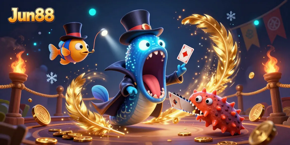 Engage in the magical world of Jun88 casino with vibrant characters performing exciting casino tricks.