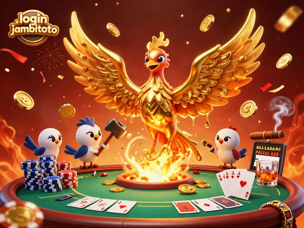 Experience exciting gameplay with the golden phoenix at login jambitoto casino, surrounded by poker action and winning elements.