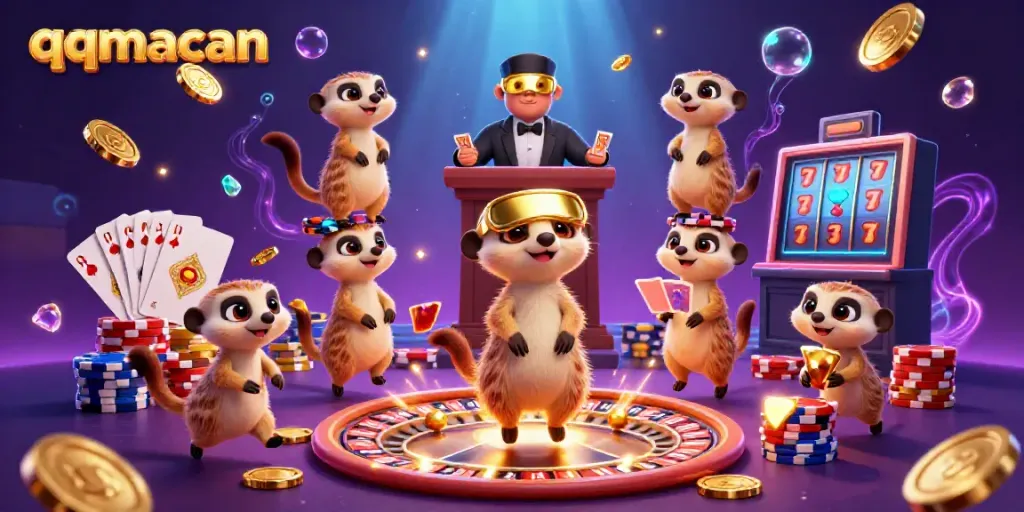 Engage with the qqmacan casino experience featuring playful meerkats managing games and chips in a vibrant 3D illustration.