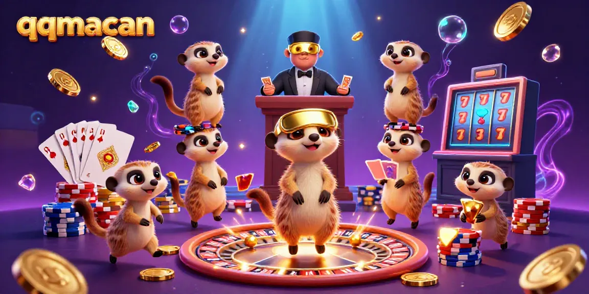 Engage with the qqmacan casino experience featuring playful meerkats managing games and chips in a vibrant 3D illustration.