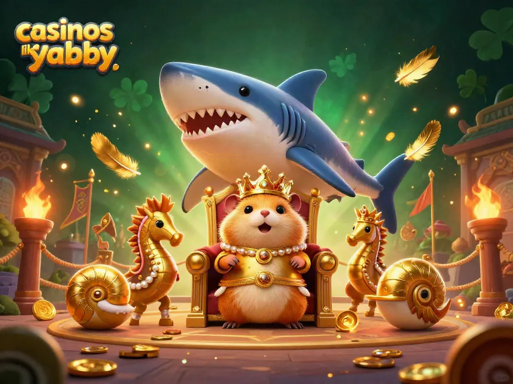 Experience gaming at casinos like yabby with a golden hamster king on a megalodon throne.