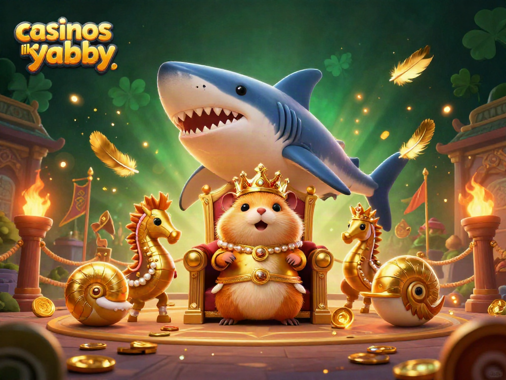 Experience gaming at casinos like yabby with a golden hamster king on a megalodon throne.