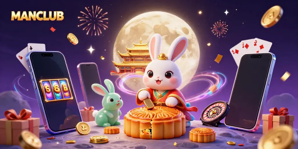MANCLUB's moon rabbit character celebrates with poker chips and festive casino elements in a vibrant illustration.