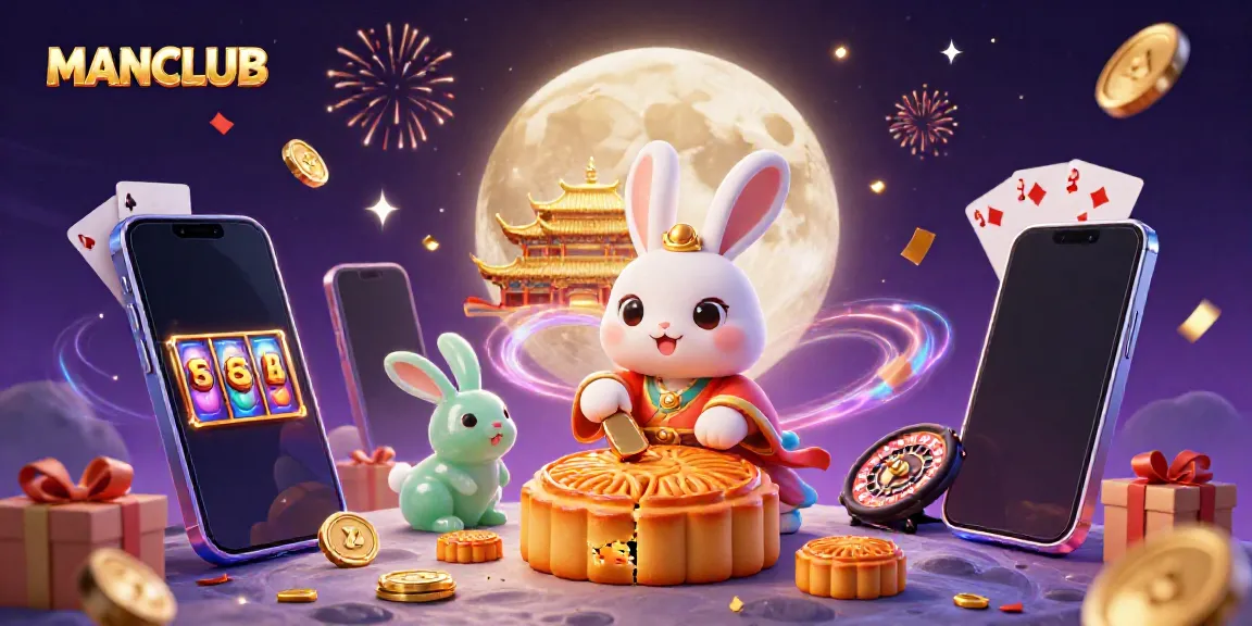 MANCLUB's moon rabbit character celebrates with poker chips and festive casino elements in a vibrant illustration.