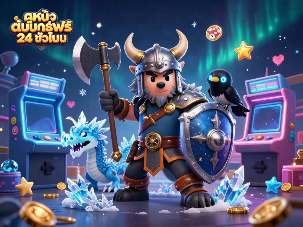 Play and win with ดูหนังออนไลน์ฟรี 24 ชั่วโมง in a vibrant 3D casino scene filled with colorful games and characters.