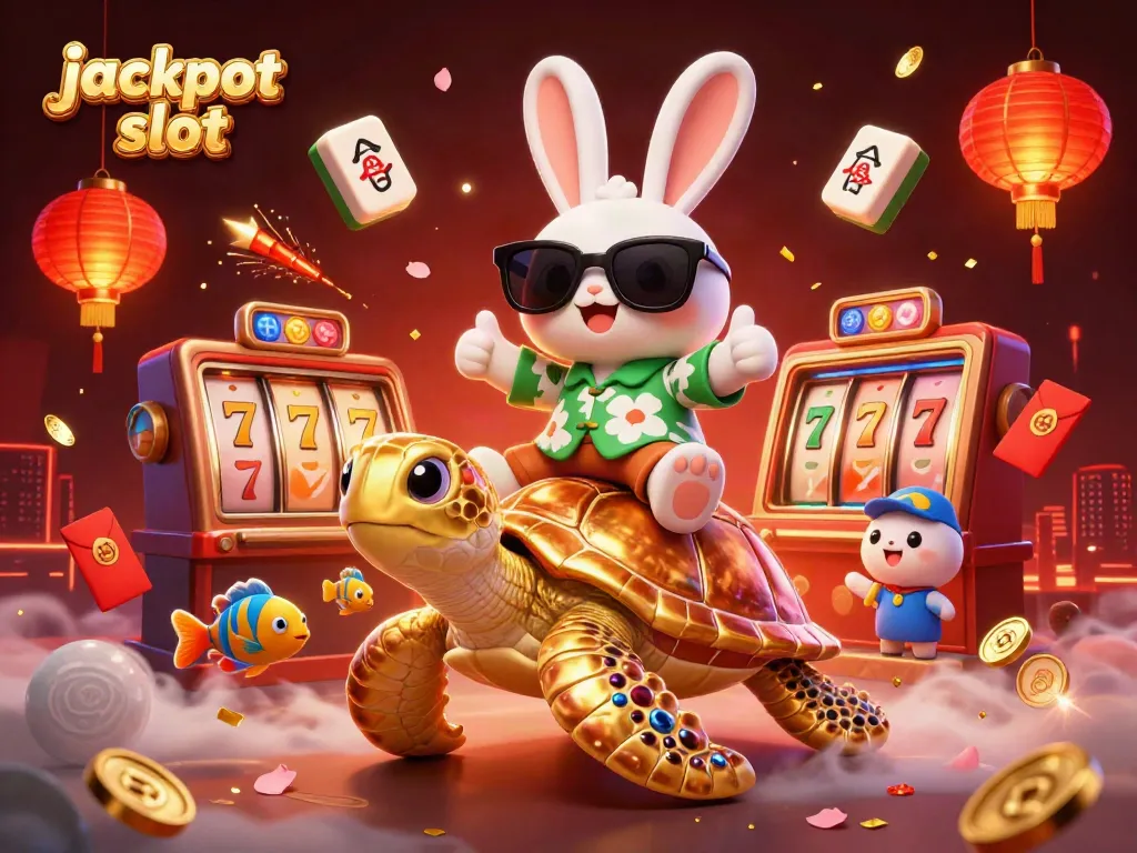 Experience the thrill of jackpot slots with a lively illustration featuring a lucky rabbit and golden turtle.