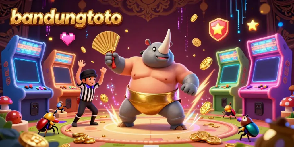 Experience the vibrant excitement of bandungtoto with a colorful 3D casino illustration featuring a sumo beetle and game elements.