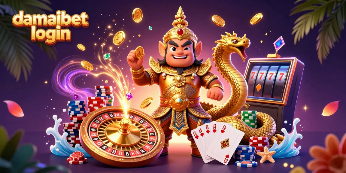 Experience the excitement of damaibet login with vibrant 3D casino illustration filled with dynamic gaming elements.