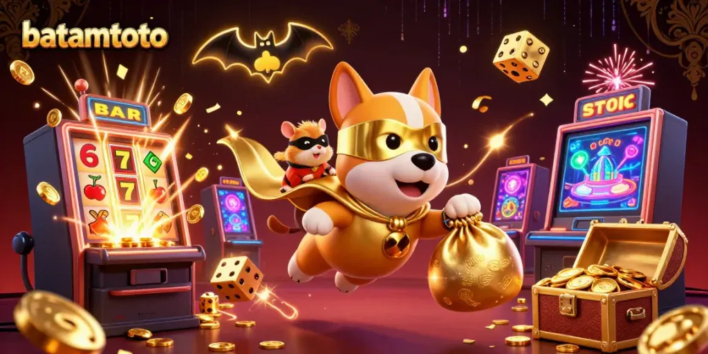 Experience batamtoto action with a superhero dog flying while scattering gold coins and casino excitement.