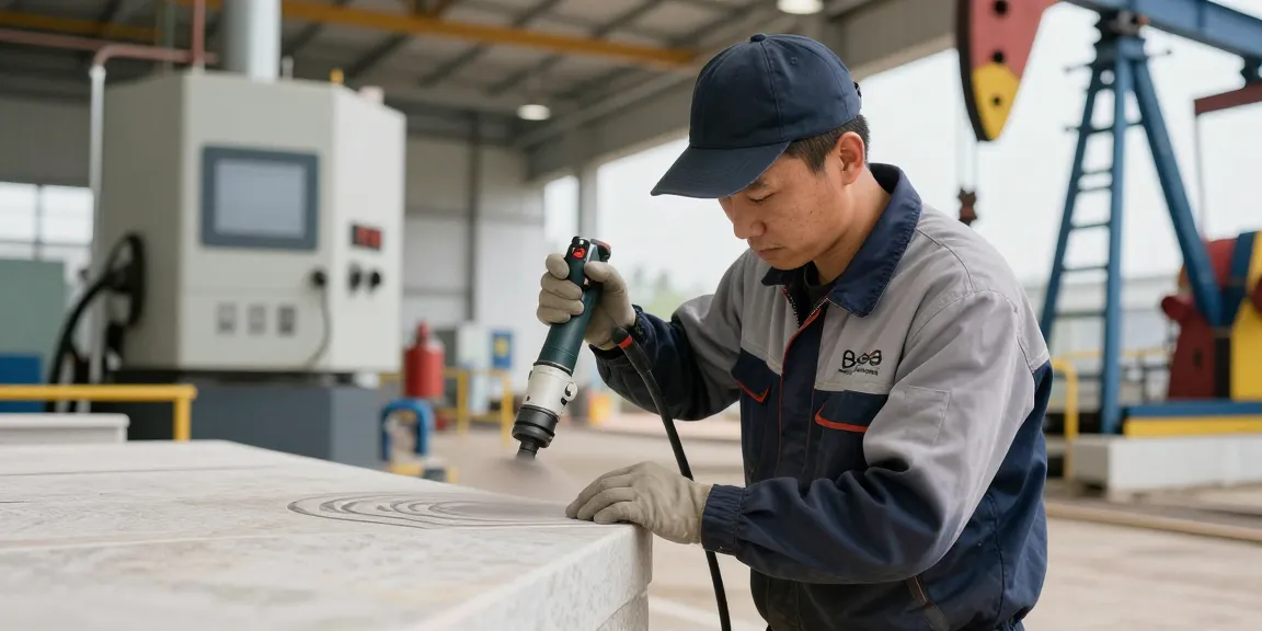Trusted provider using a sandblast stencil for stone at a local industrial maintenance site.