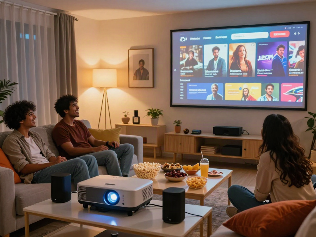 Diverse friends enjoying movie night using Filmyzilla, cozy living room with popcorn, warm ambiance.