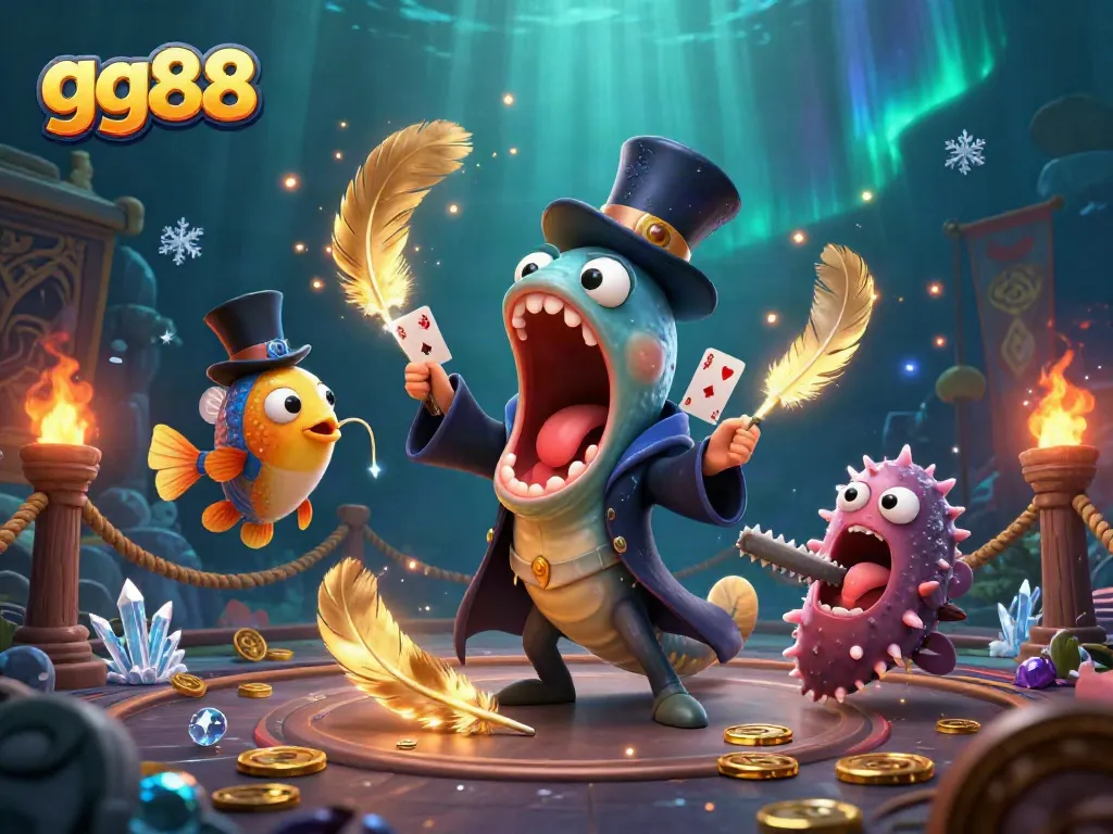 Jump into the thrilling world of gg88 with an action-packed underwater gambling scene featuring unique characters.
