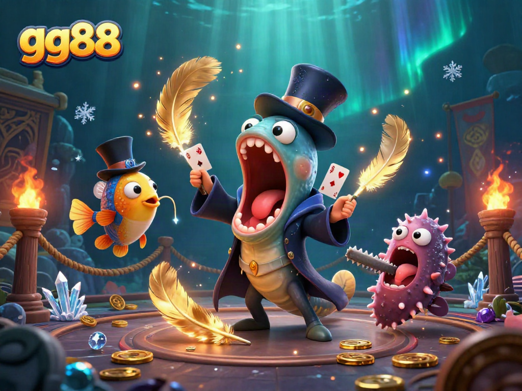 Jump into the thrilling world of gg88 with an action-packed underwater gambling scene featuring unique characters.