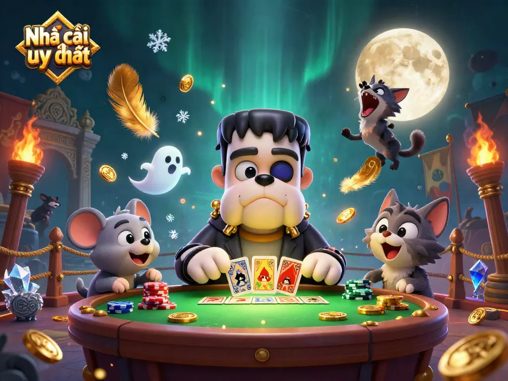 Enjoy thrilling card games with Nhà cái uy tín as a spooky dog dealer amidst ghostly chips.