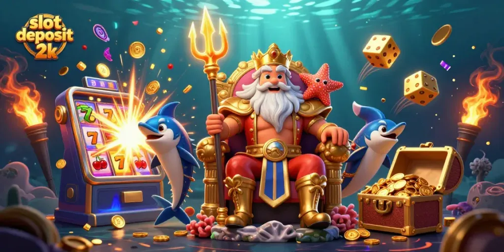 Experience the excitement of slot deposit 2k with a vibrant underwater scene, showcasing Neptune and dynamic casino elements.