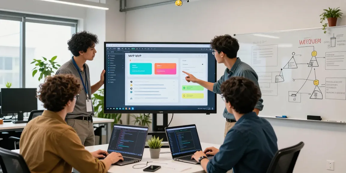 Team brainstorming MVP development service in a modern office.
