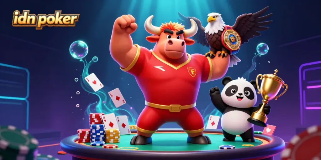 Engage with idn poker through a vibrant victory scene of dynamic characters celebrating with poker elements.