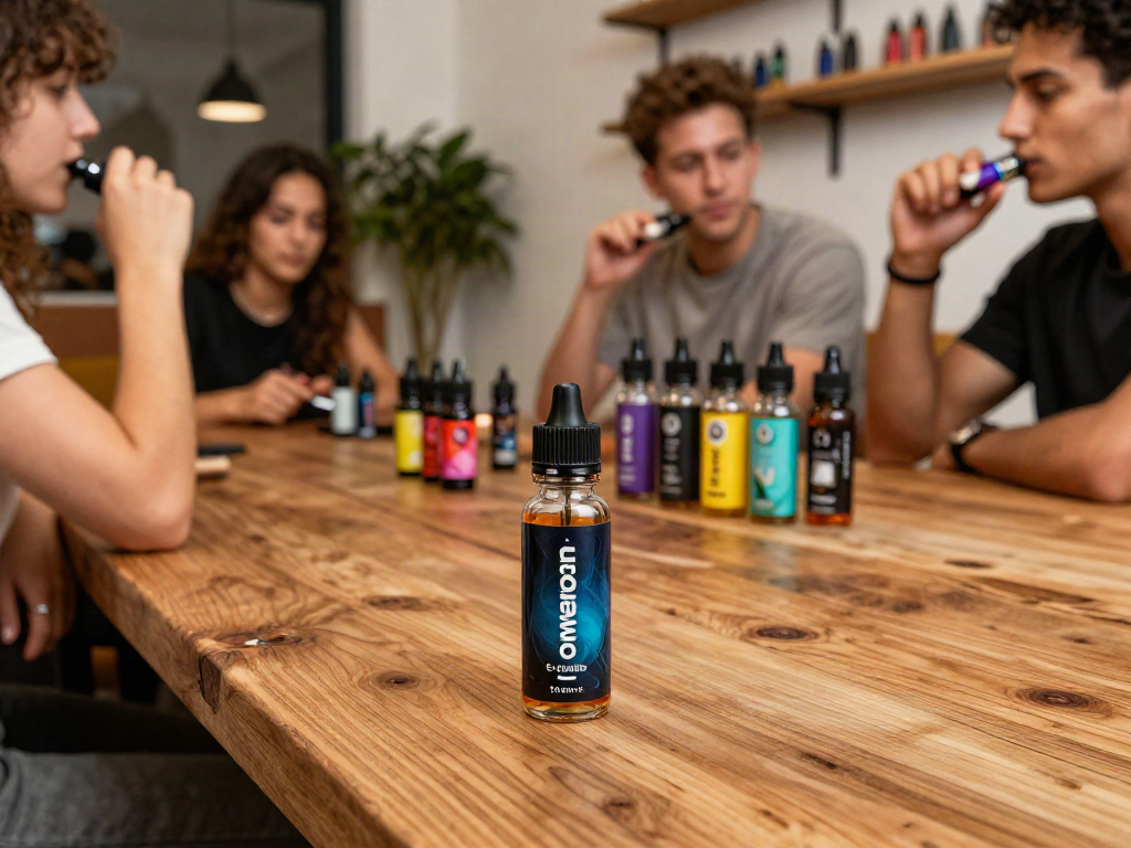 Group enjoying nomenon e liquid 100ml in a stylish vape lounge