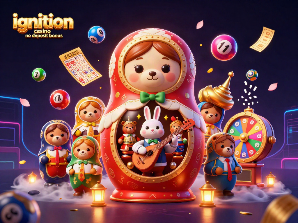 Experience the ignition casino no deposit bonus with exciting slot reels, bouncing balls, and vibrant casino elements.