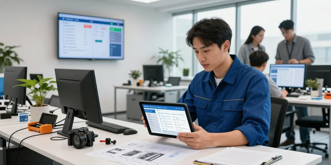 Technician using HVAC business software to manage service appointments in a modern office environment.