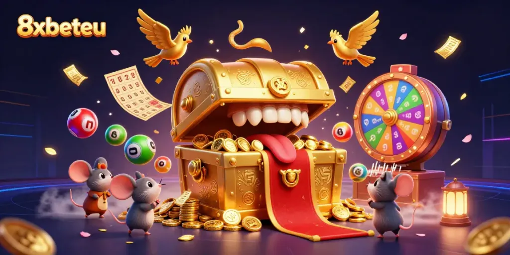 Experience the thrill of winning with 8xbeteu's dynamic casino scene filled with vibrant gameplay elements.