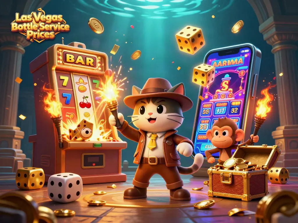 Experience Las Vegas Bottle Service Prices with a vibrant illustration showcasing an explorer cat and monkey amid casino elements.