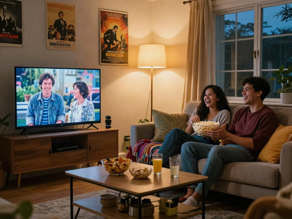 Enjoying filmyzilla movies in a cozy living room with snacks.