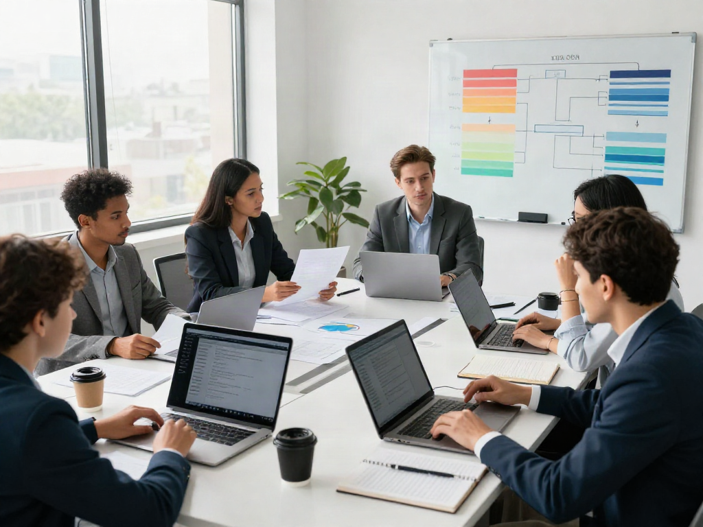 Tax professionals collaborating to start a service bureau, analyzing documents and using software in a modern office.