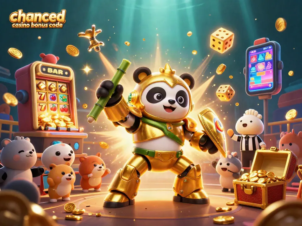 Engage with the exciting chanced casino bonus code scene featuring a golden panda in a dynamic gaming arena.